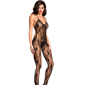 Lace Stretchy Crotchless Cut Out Back Bodystocking - Black - O/S